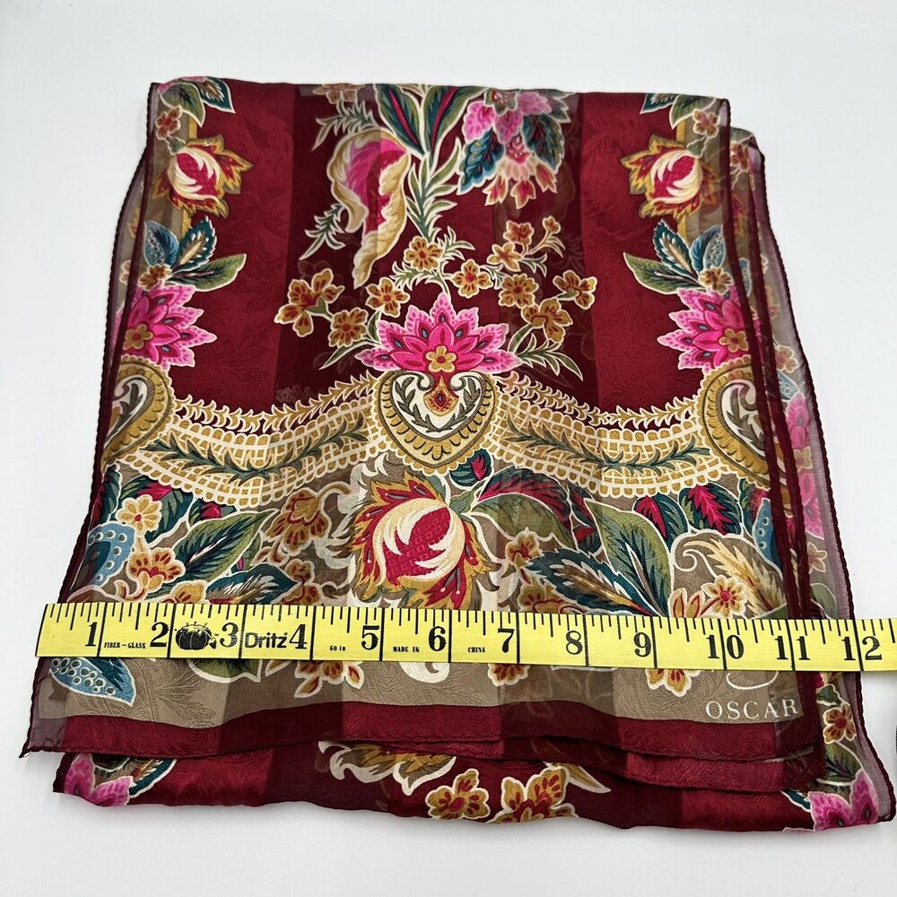 Oscar De La Renta Vintage Silk Floral Scarf 11”X 52” Burgundy, Gold, Bright Pink - Picture 7 of 11